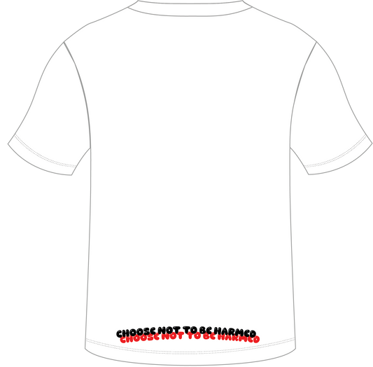 White t-shirt with black text on the front and red text on the back, displayed side by side.
